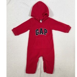Baby Gap Red Fleece Hooded Romper Arch Logo Infant 12-18 Months HOL06 424567